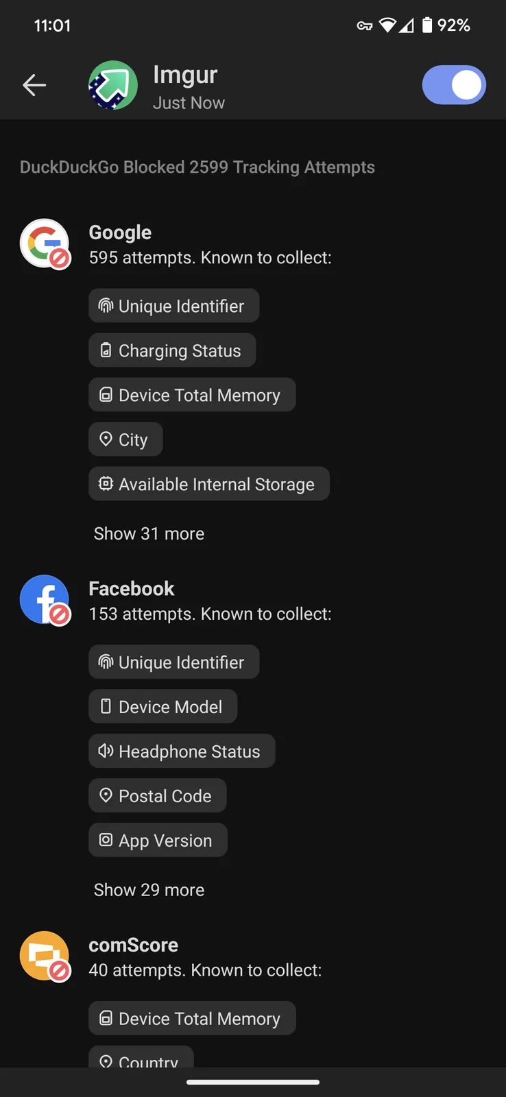 A screenshot of the DuckDuckGo privacy dashboard showing blocked tracking attempts by Google, Facebook, and comScore…
