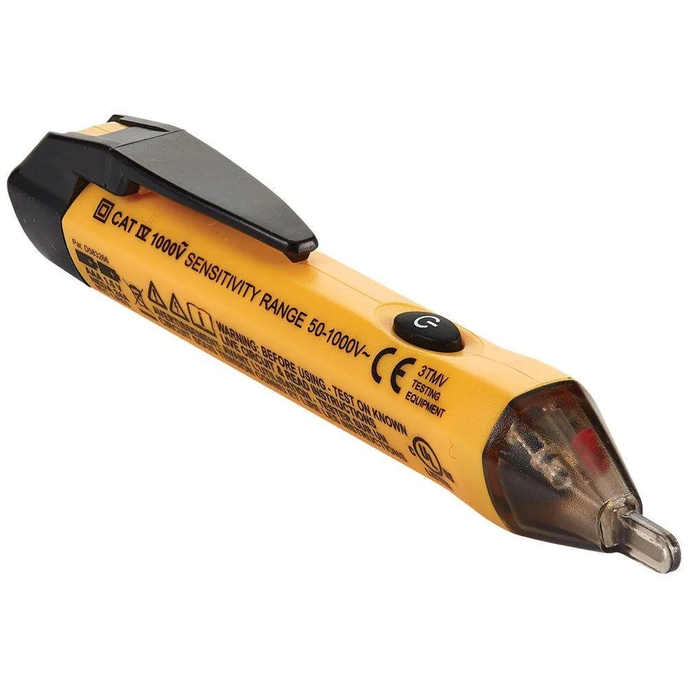 A yellow and black non-contact voltage tester with safety warnings and specifications printed on its body, overlaid with the…