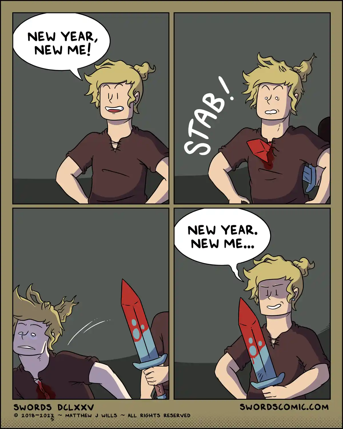 A four-panel comic shows a blonde-haired character enthusiastically declaring 'NEW YEAR, NEW ME!' before being stabbed in…