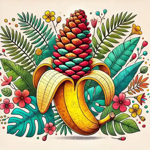 A vibrant, stylized illustration features a peeled banana with its peel forming a heart shape, topped with a colorful…
