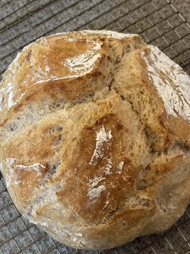 A round loaf of artisan bread with a golden-brown crust and scattered flour sits on a metal cooling rack. The bread's…
