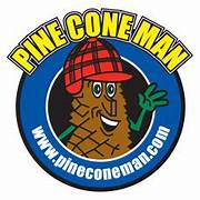 A cartoon pinecone wearing a red plaid hat and smiling, set inside a circular blue logo with the text 'PINE CONE MAN' arched…