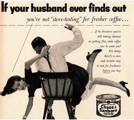 A vintage black-and-white advertisement shows a woman in a 1950s dress and heels straddling a man in a shirt and suspenders…