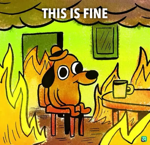 A cartoon dog wearing a hat sits calmly at a table with a mug, surrounded by flames engulfing the room. The text 'THIS IS…