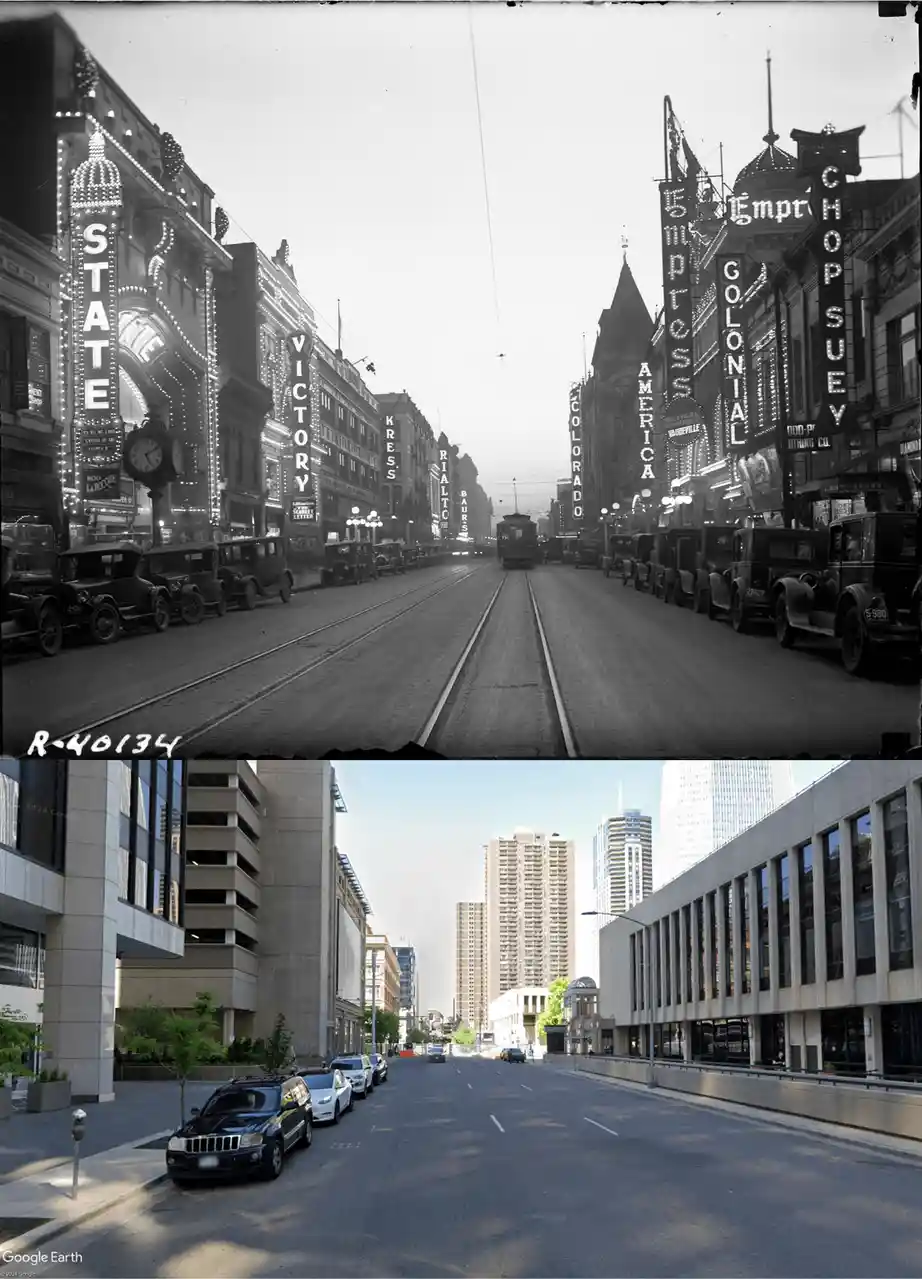 A split image shows a bustling 1920s street with ornate theaters like 'STATE' and 'VICTORY' and vintage cars, contrasted…