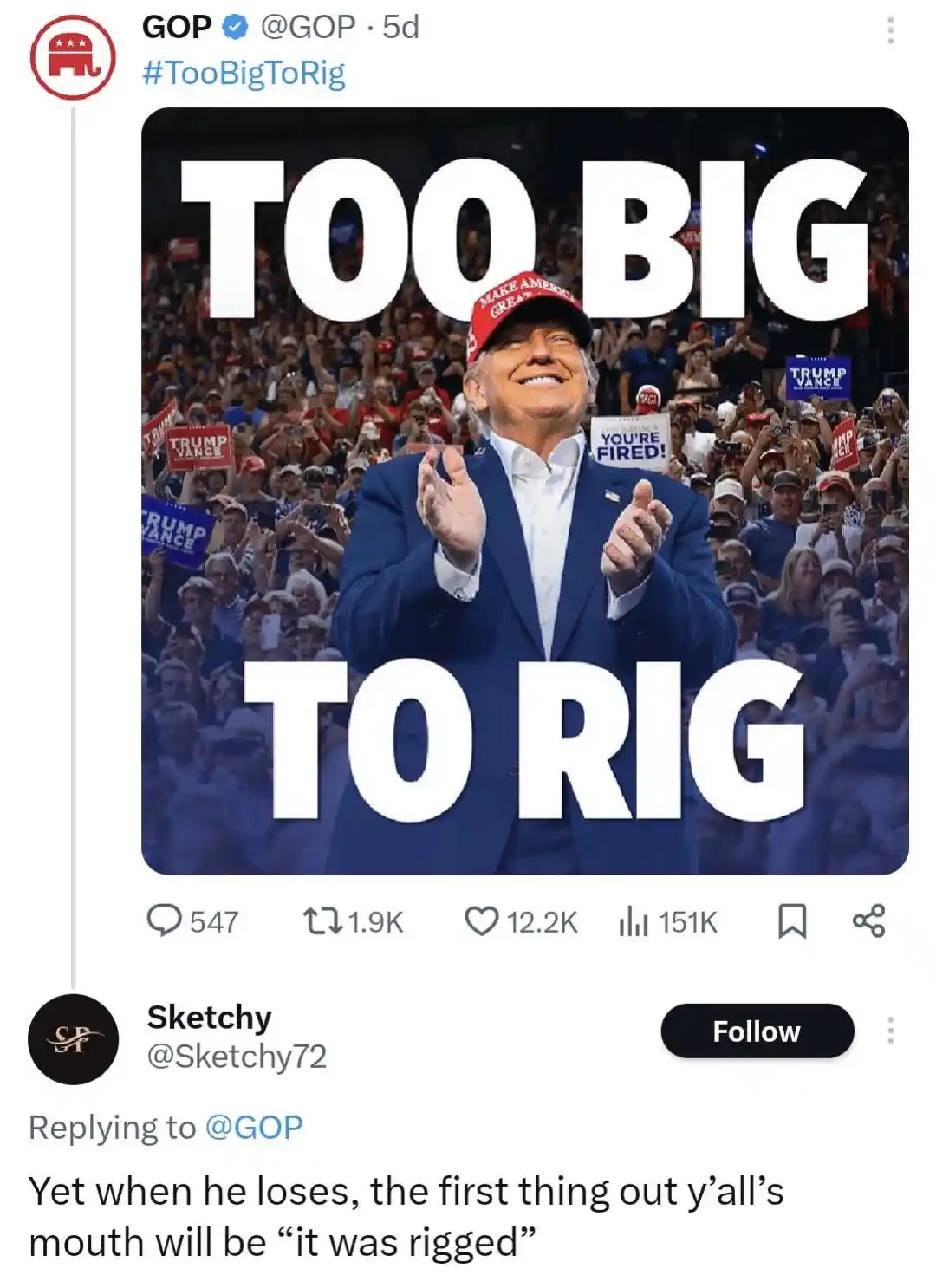 A screenshot of a tweet from the GOP account showing a photo of Donald Trump smiling in front of a crowd holding 'TRUMP…