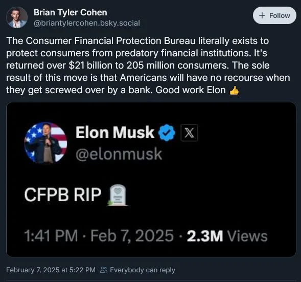 A screenshot of a tweet by Elon Musk, which reads 'CFPB RIP' with a tombstone emoji, overlaid on a reply from Brian Tyler…
