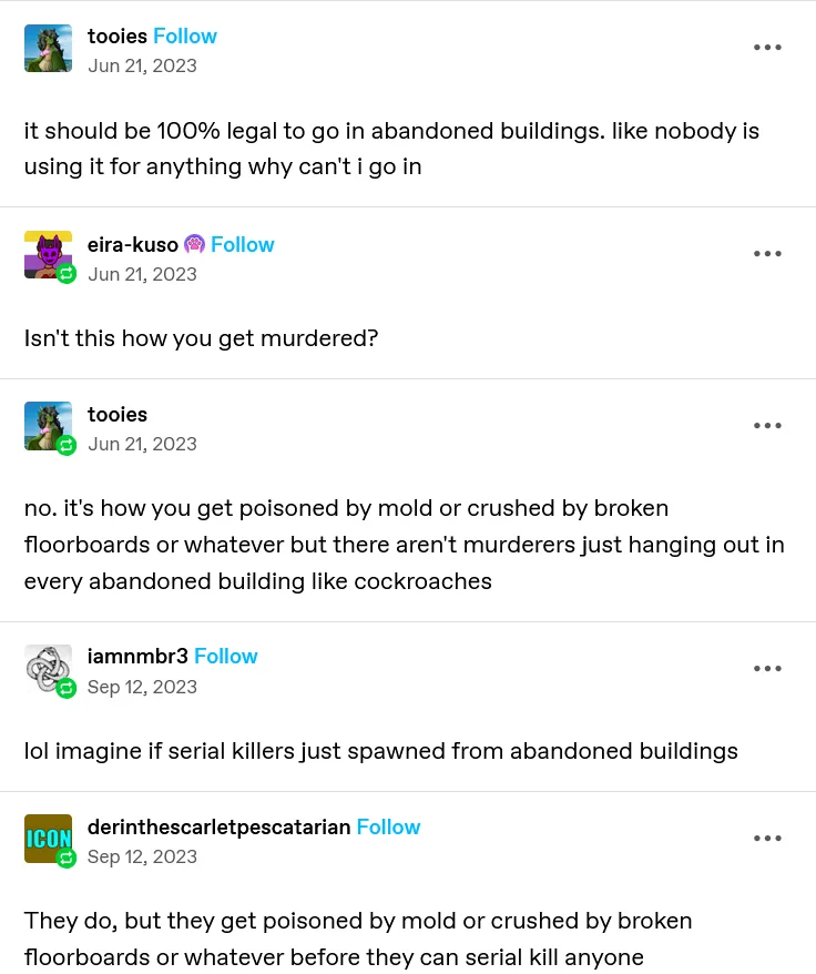 A screenshot of a social media thread where users joke about the legality of entering abandoned buildings, contrasting the…