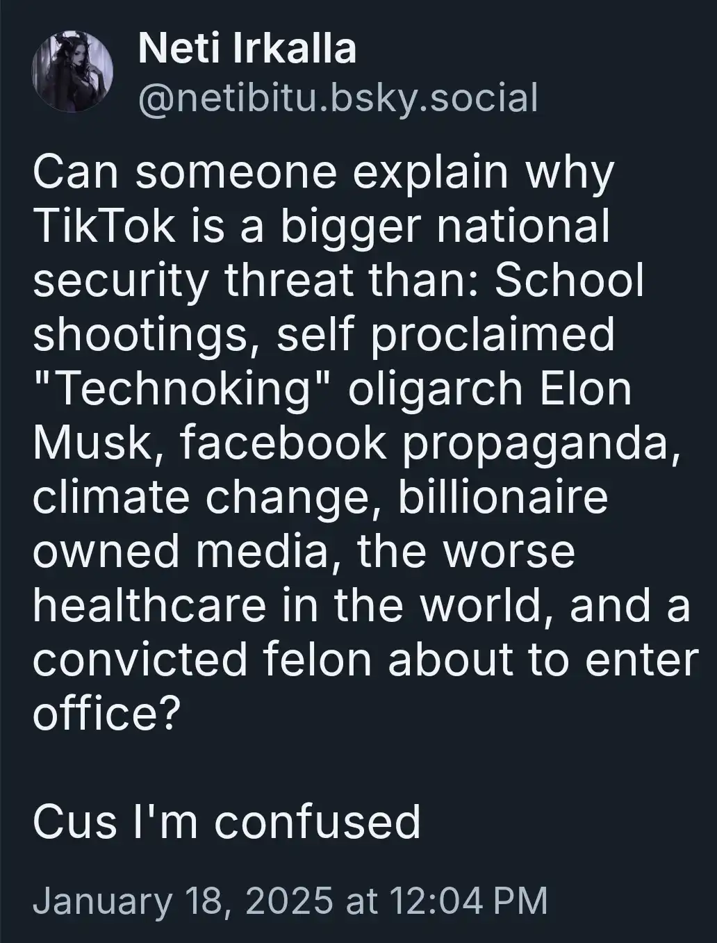 A screenshot of a social media post by Neti Irkalla asking why TikTok is considered a bigger national security threat than…