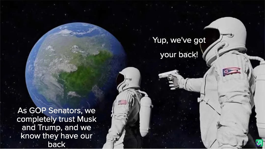 Two astronauts in space, one facing Earth and the other holding a gun pointed at the viewer. Text on the left says 'As GOP…