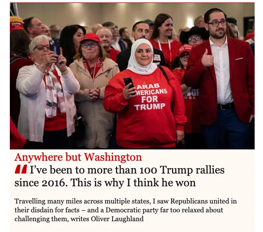 A crowd of people at a political rally, many wearing red clothing and 'TRUMP' hats. A woman in a red sweatshirt with 'ARAB…
