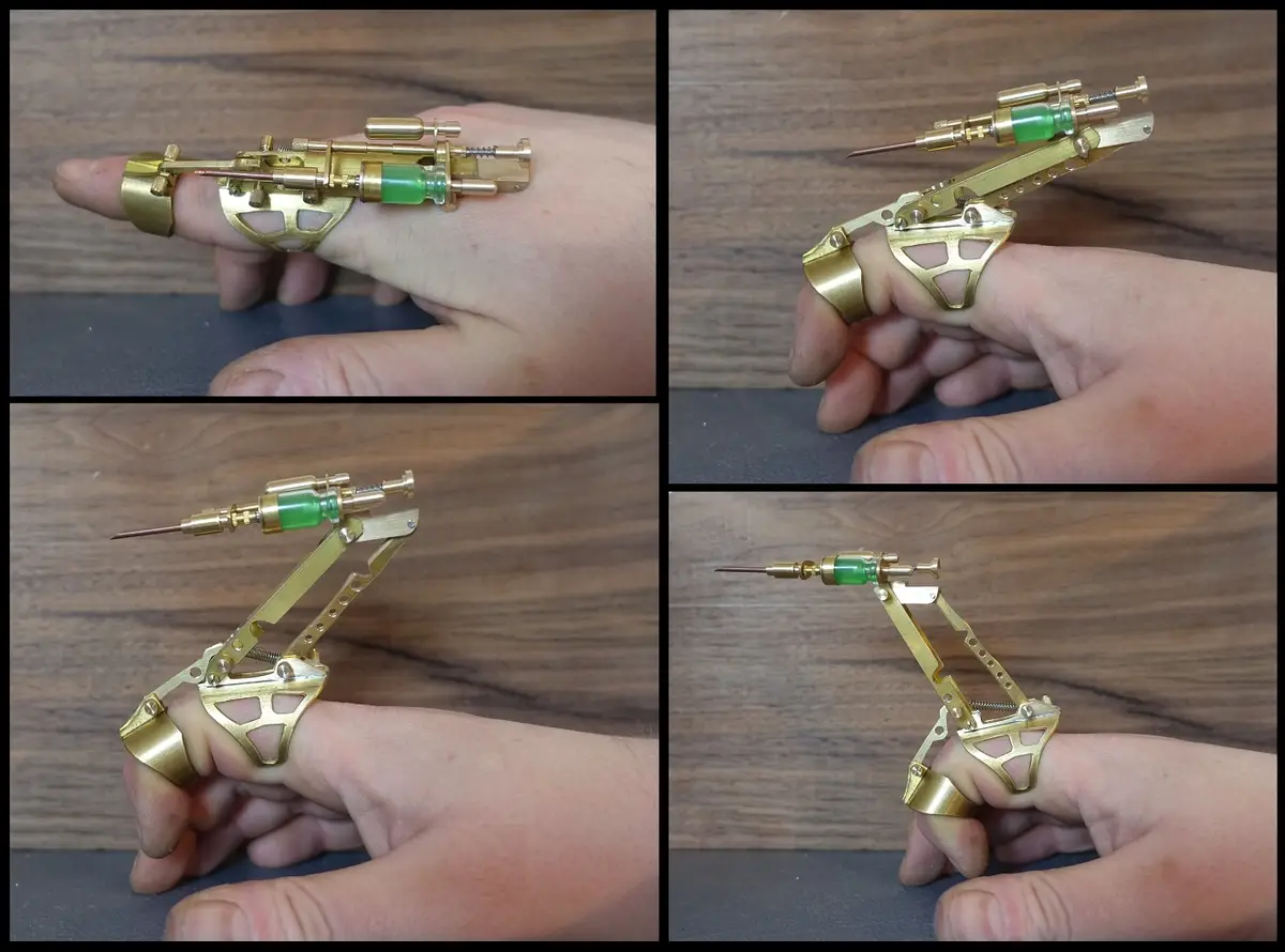 A four-panel image shows a hand wearing a brass, steampunk-style mechanical device attached to the index finger, resembling…