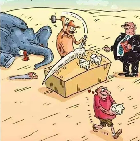 A cartoon depicts a man in a red shirt happily walking away holding a sheep, while a butcher in an orange shirt stands over…