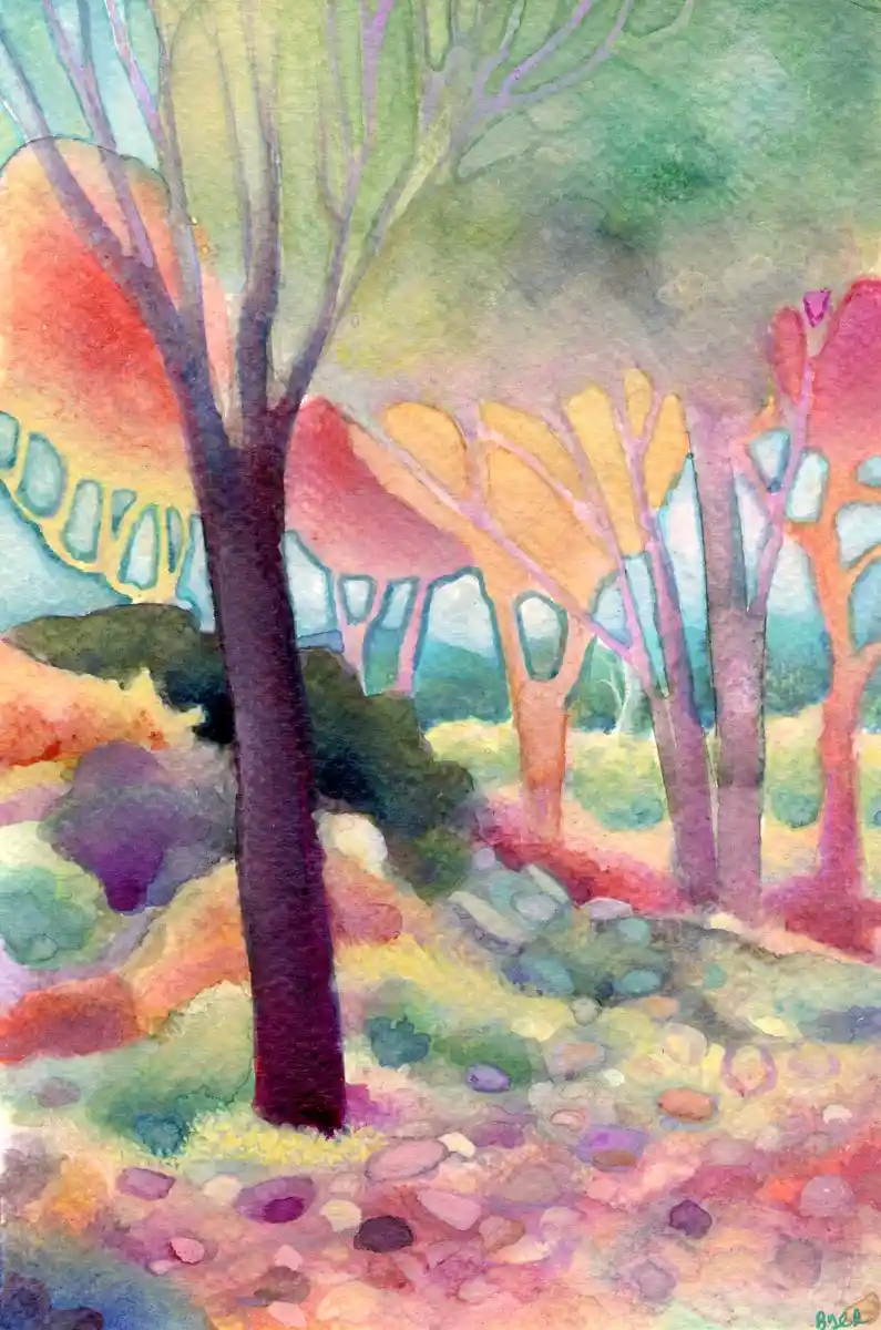 A colorful watercolor painting of stylized trees with abstract, non-realistic forms and vibrant hues of green, purple…
