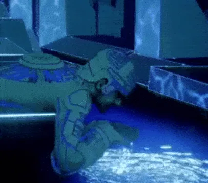 A six-panel image sequence shows a character in a futuristic, glowing blue suit kneeling or crouching in a reflective pool…