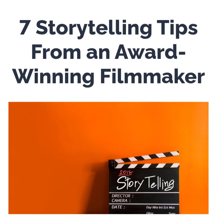 A black film clapperboard with '2018 Story Telling' written on it sits against a solid orange background. The text '7…