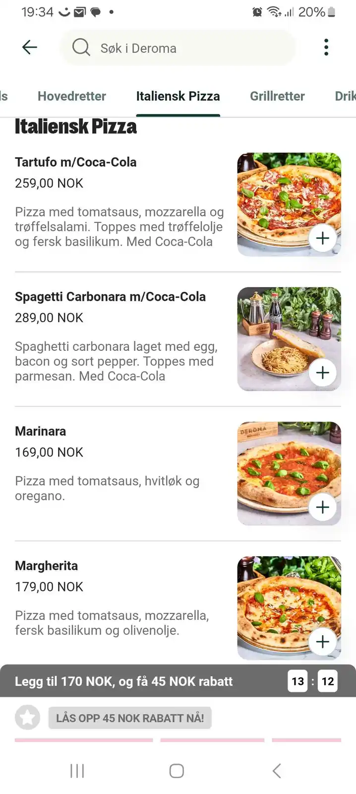 A screenshot of a restaurant menu app showing Italian pizza options, including 'Tartufo m/Coca-Cola' priced at 259,00 NOK…