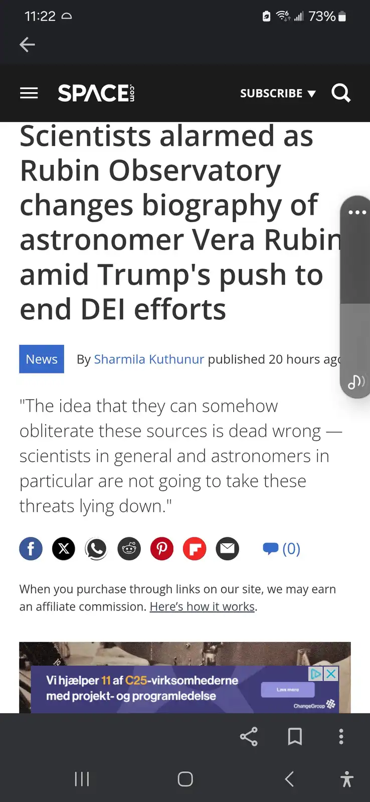 A screenshot of a SPACE.com news article with the headline 'Scientists alarmed as Rubin Observatory changes biography of…
