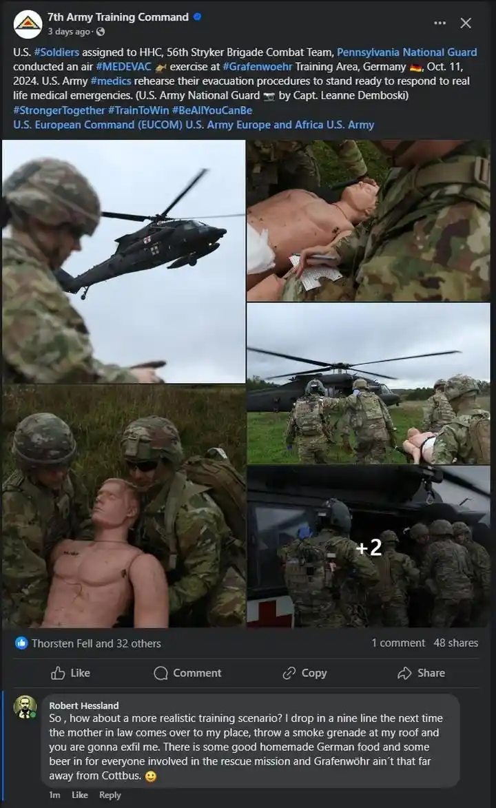 A Facebook post from the 7th Army Training Command shows U.S. Army medics conducting a MEDEVAC exercise in Germany, with…