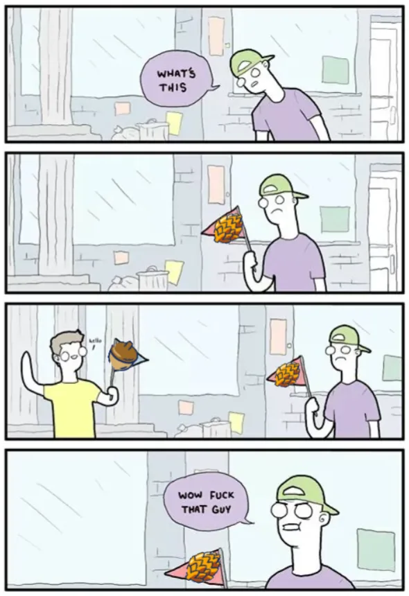 A four-panel comic shows a man in a green cap holding a small flag with a patterned design. He asks 'WHAT'S THIS' while…