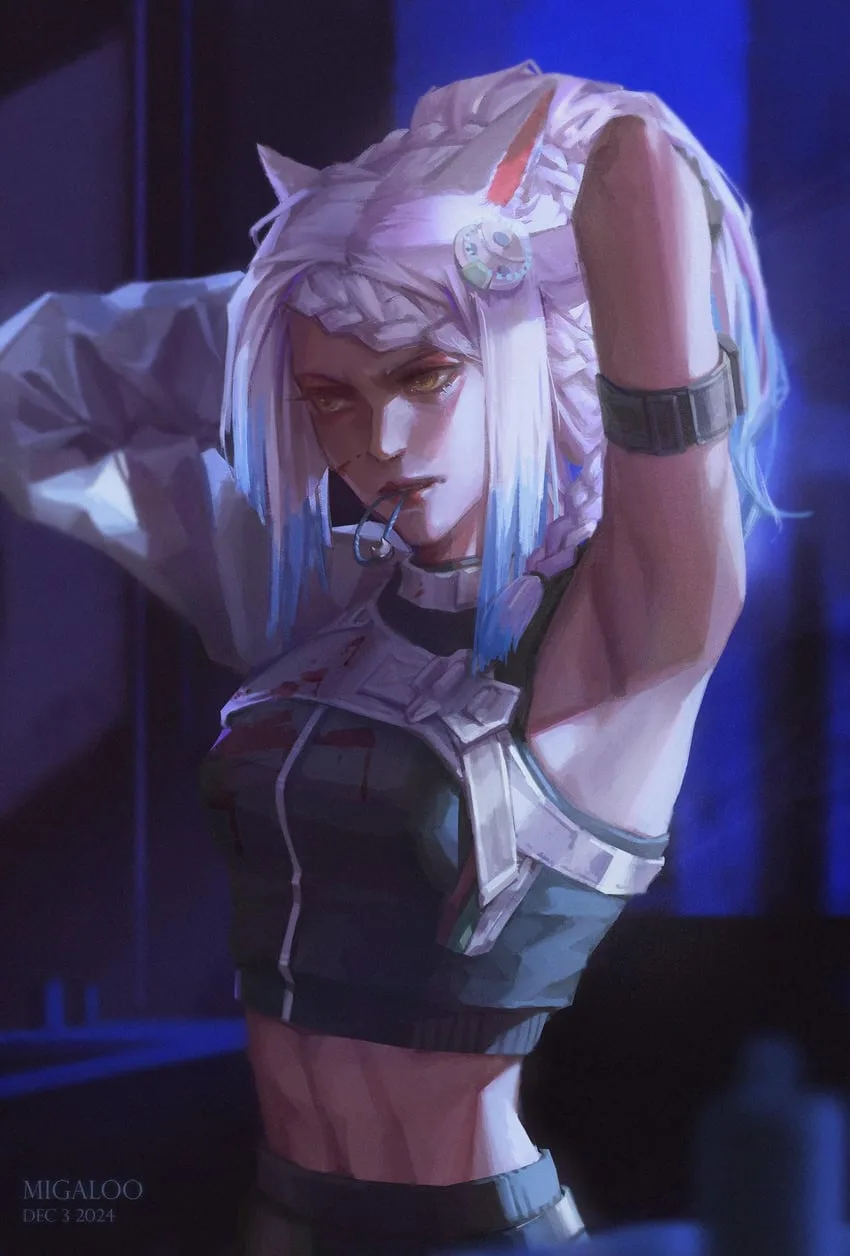 An anime-style illustration of a female character with white and blue hair, cat ears, and a choker, wearing a tactical crop…