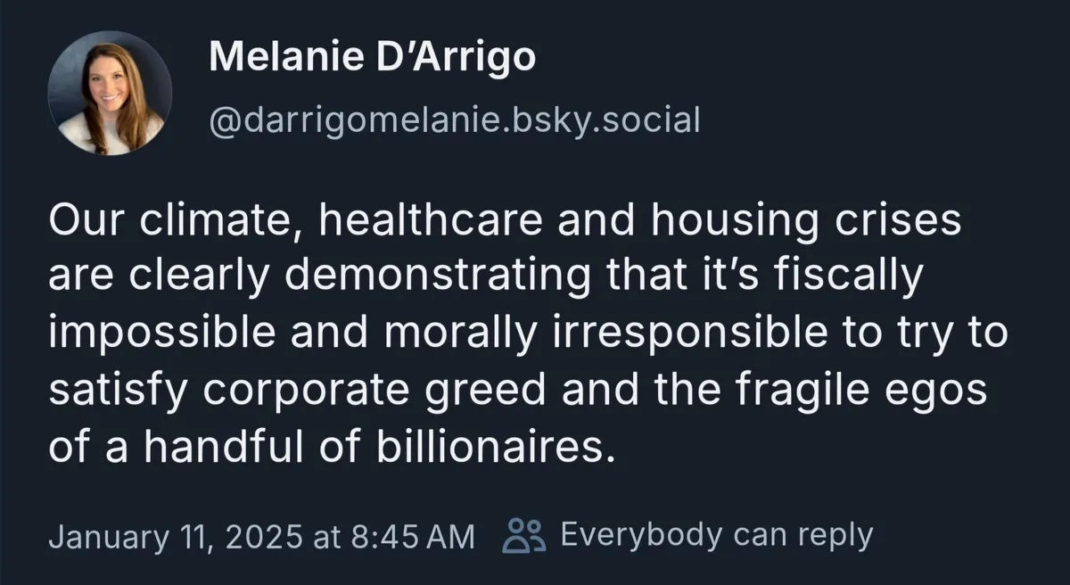 A screenshot of a social media post by Melanie D'Arrigo, showing her profile picture, username, and a text message about…