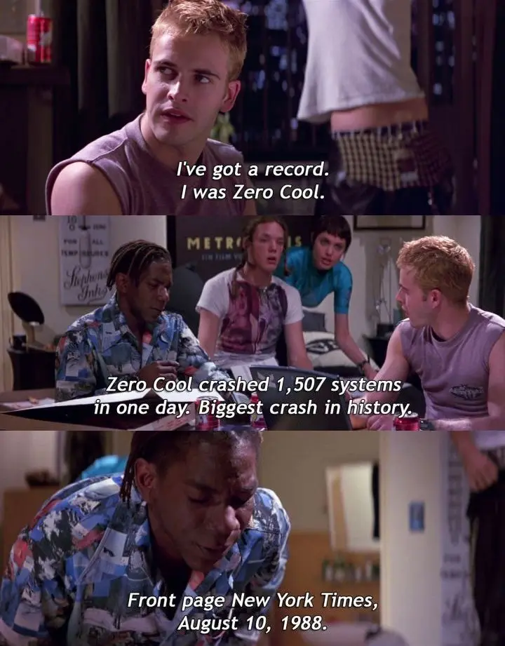 A three-panel meme from the movie 'The Matrix Reloaded' showing a character claiming to be 'Zero Cool,' then revealing he…