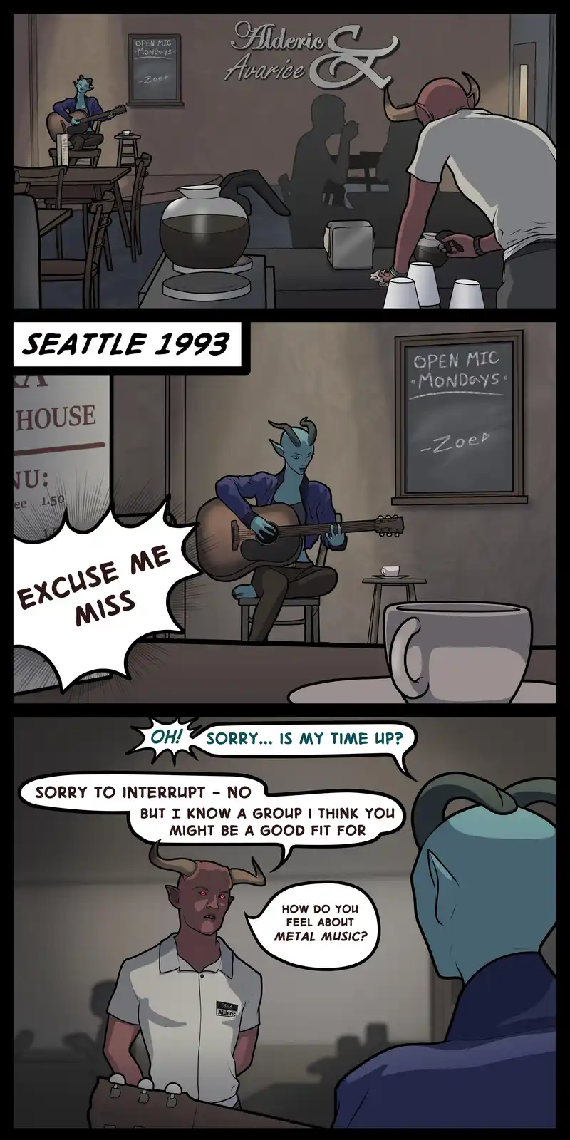 A three-panel comic strip set in a coffee shop named 'Alderis & Avarice' in Seattle 1993. A blue-skinned, horned woman plays…