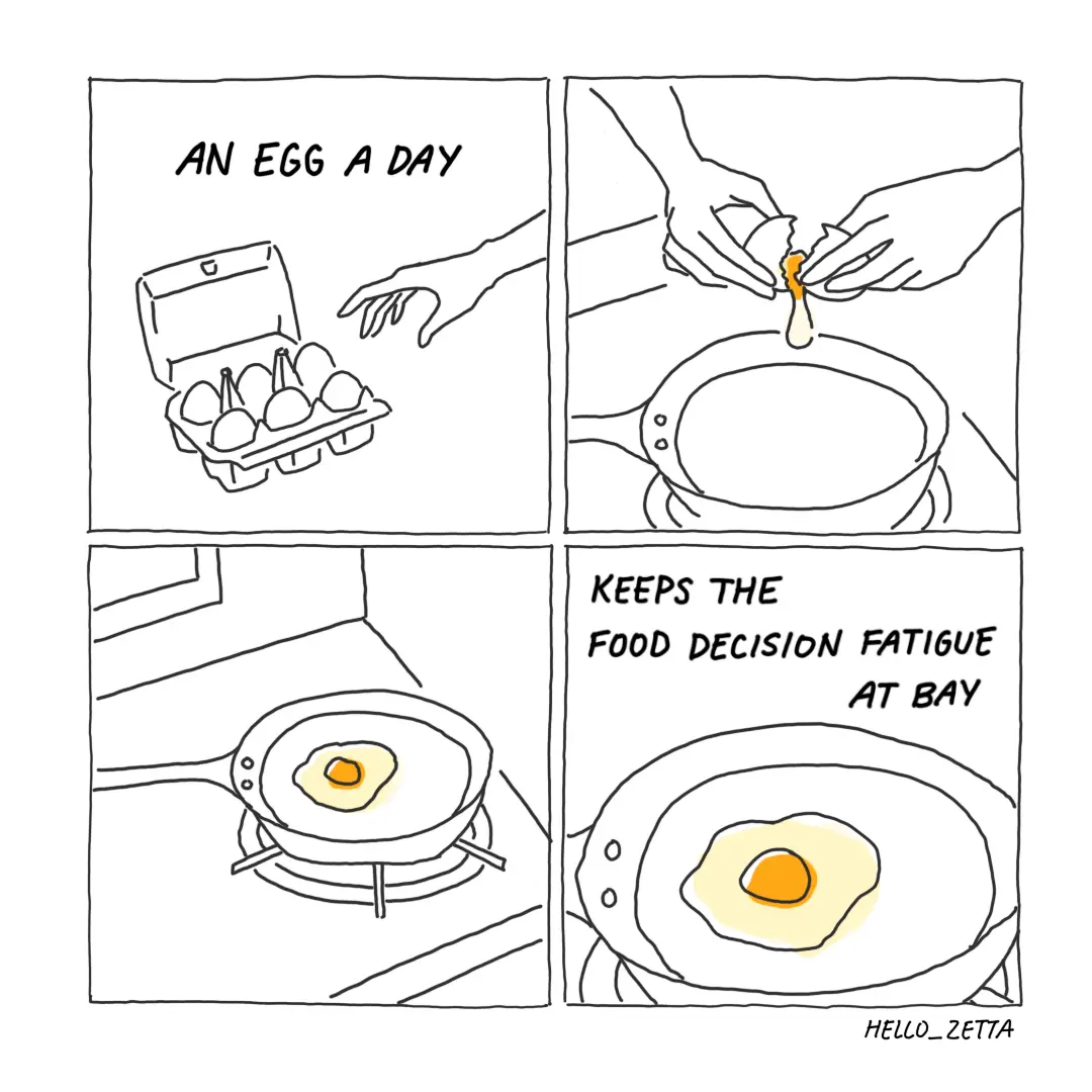 A four-panel comic strip shows a hand picking an egg from a carton, cracking it into a frying pan, cooking it, and then…