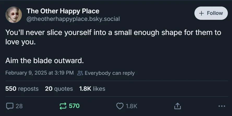 A screenshot of a social media post from 'The Other Happy Place' with white text on a dark background. The post reads…
