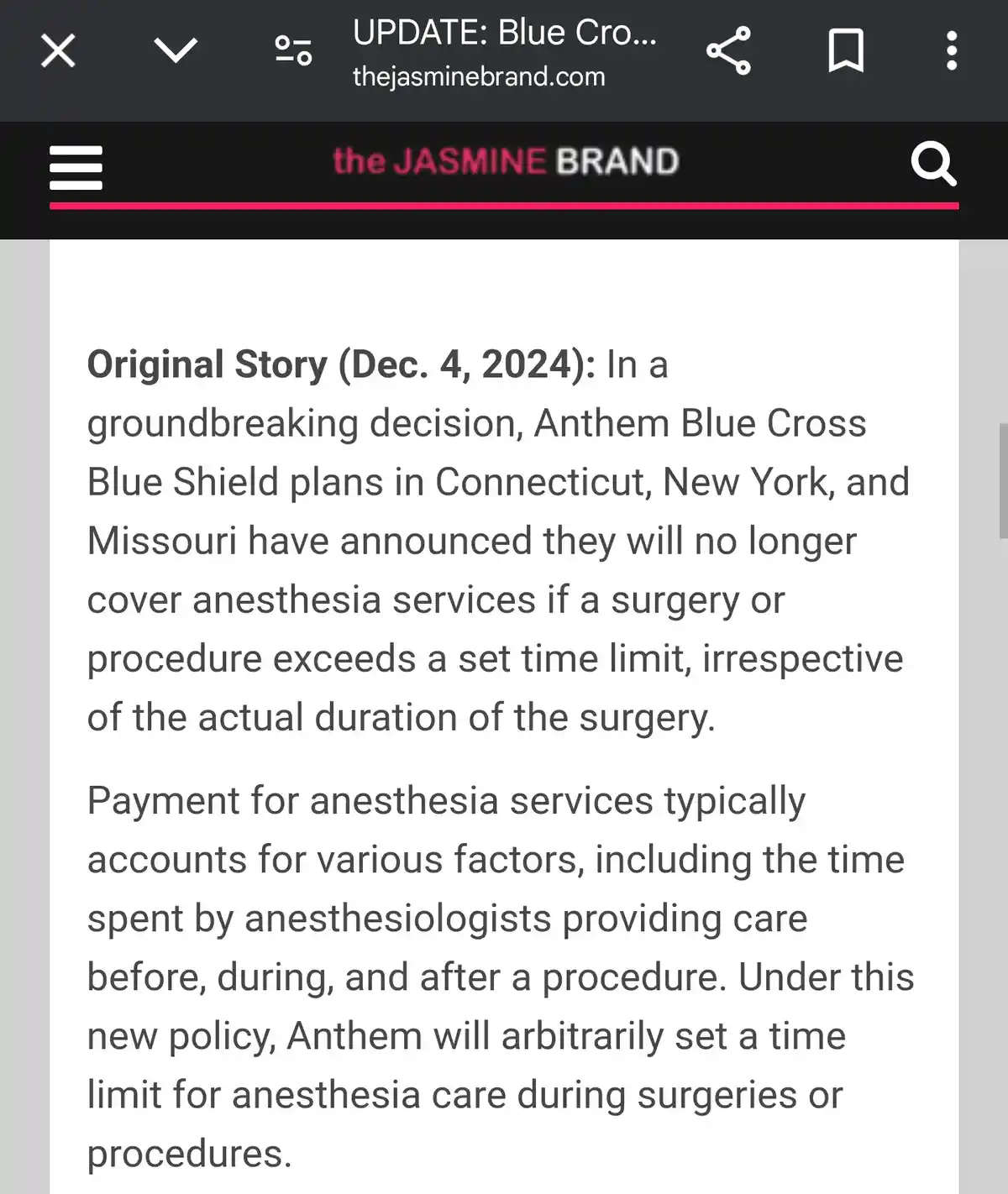 A screenshot of a news article from 'the JASMINE BRAND' website, dated December 4, 2024, detailing Anthem Blue Cross Blue…