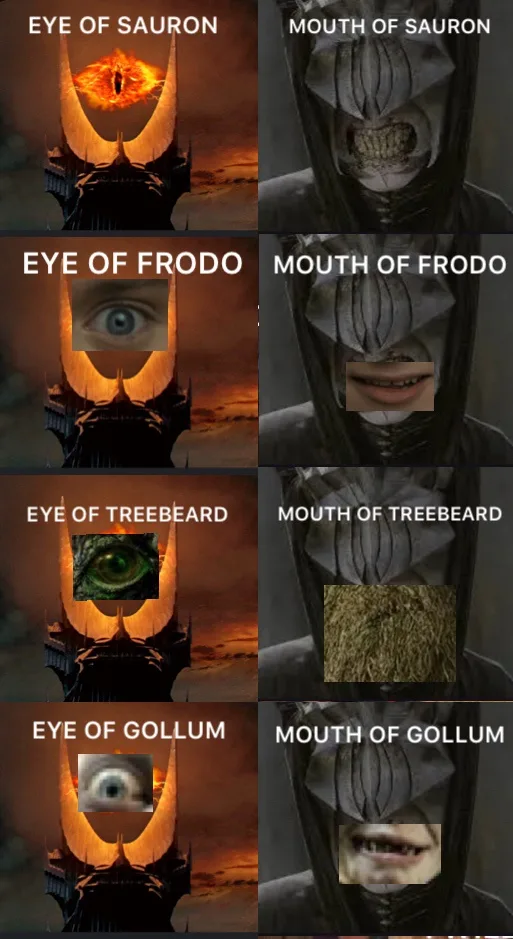 A grid of eight panels showing the iconic tower of Barad-dûr with different eyes superimposed on its eye sockets, paired…