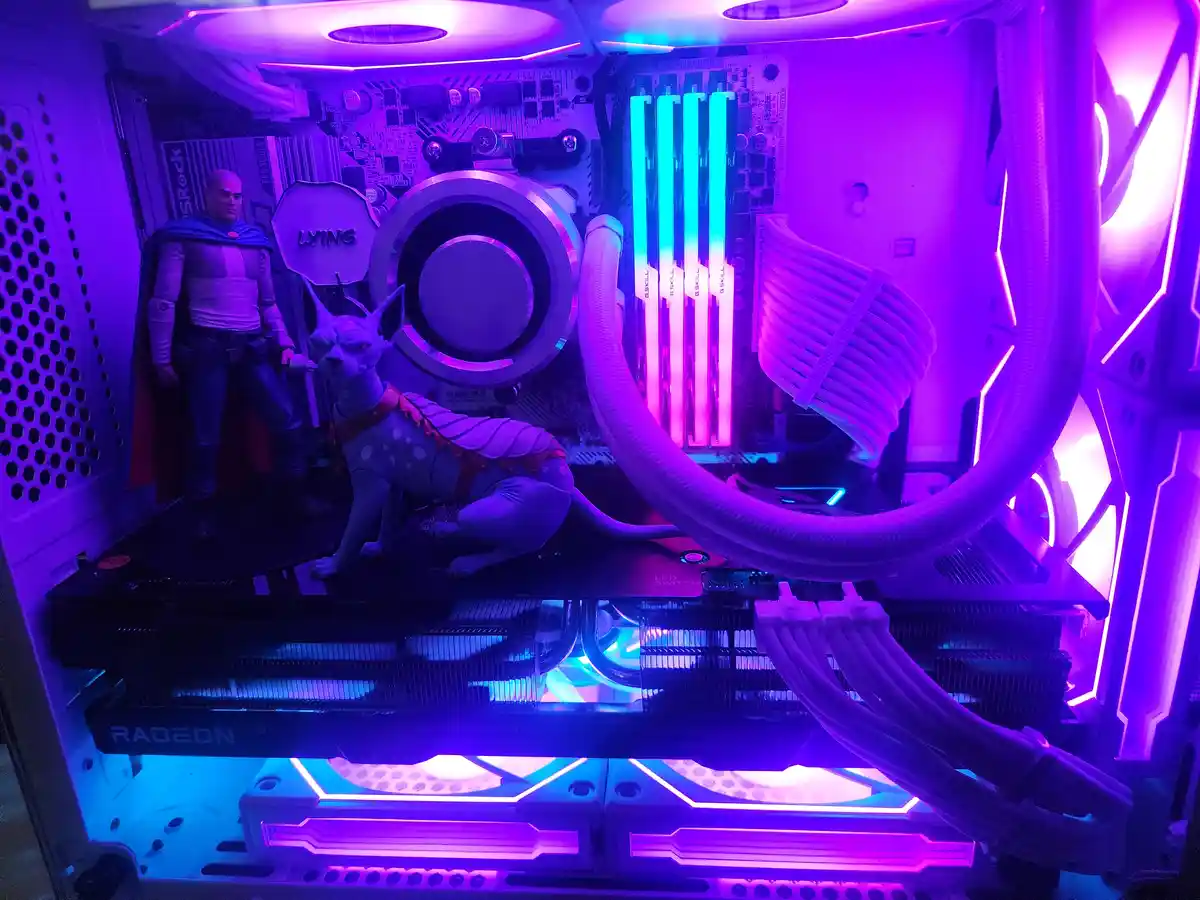 A custom-built PC case with purple and blue LED lighting shows two figurines: a bald man in a cape and a sphinx cat wearing…