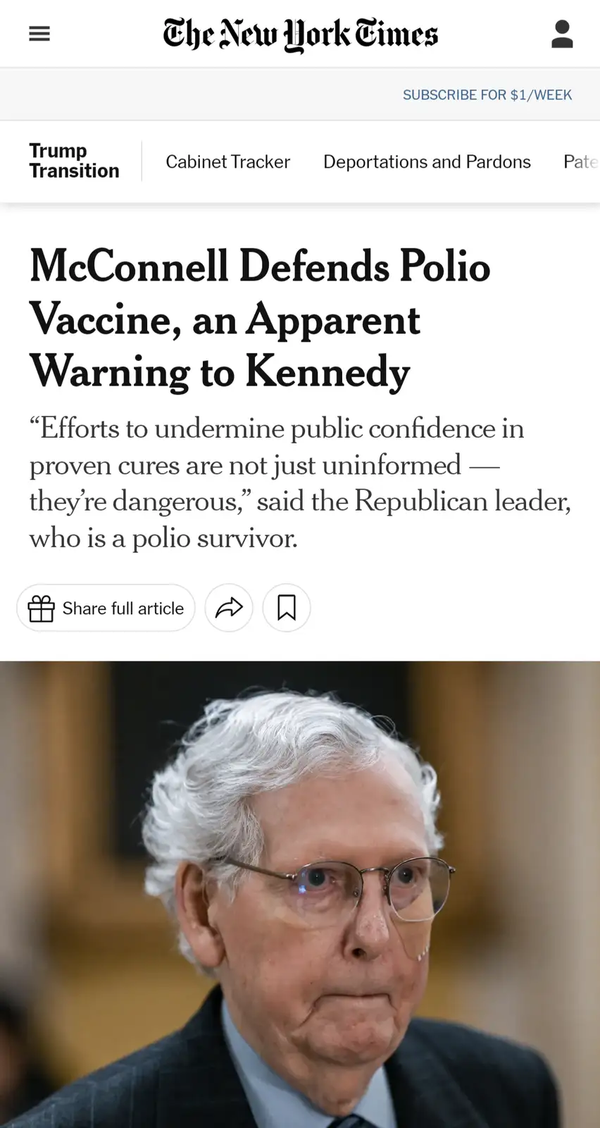 A screenshot of a New York Times article shows a photo of Mitch McConnell with the headline 'McConnell Defends Polio…