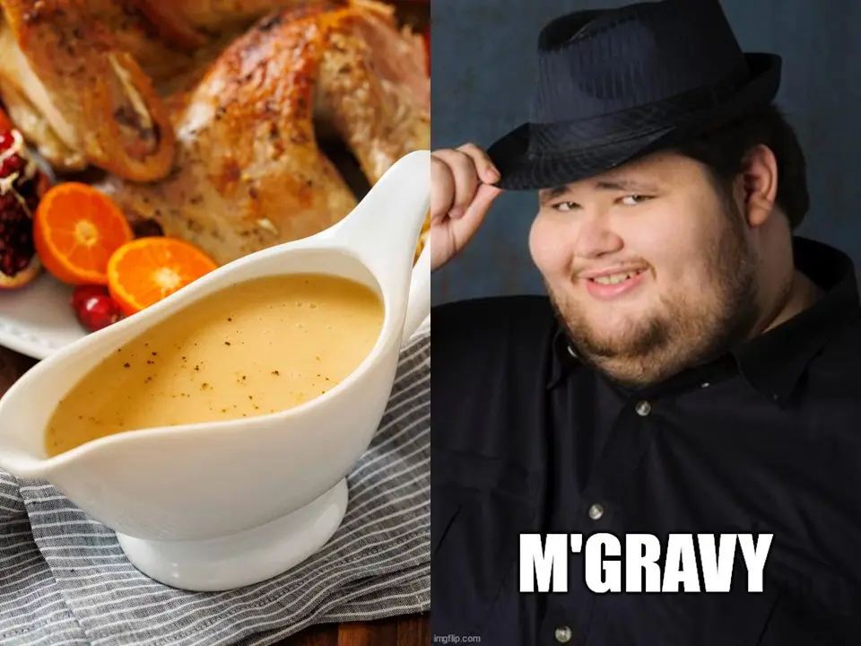 The image is split: left side shows a white gravy boat filled with light brown gravy, placed on a striped cloth with a…