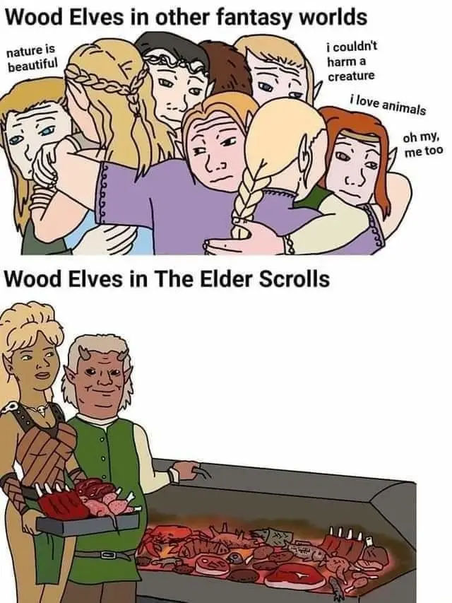 The top panel shows a group of cartoon wood elves with text bubbles saying 'nature is beautiful', 'i couldn't harm a…