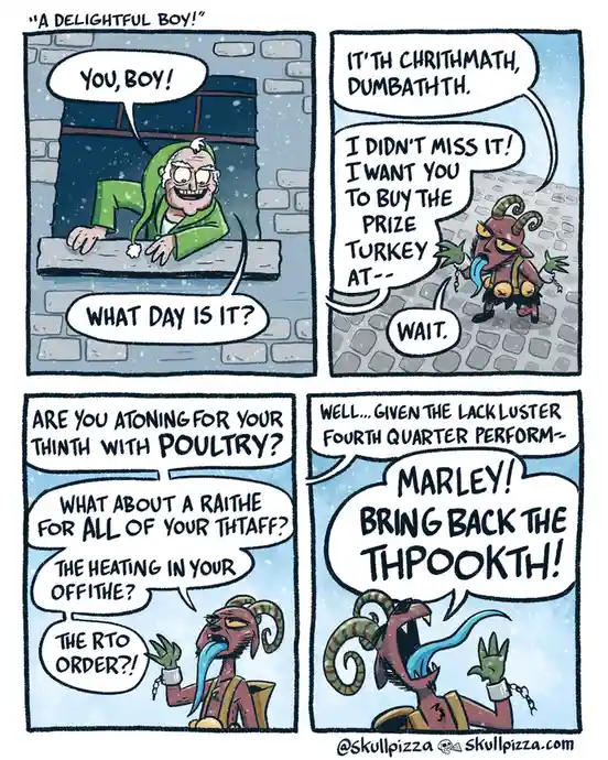 A four-panel comic strip shows a mischievous, horned, blue-tongued devil character interacting with a cheerful man in a…