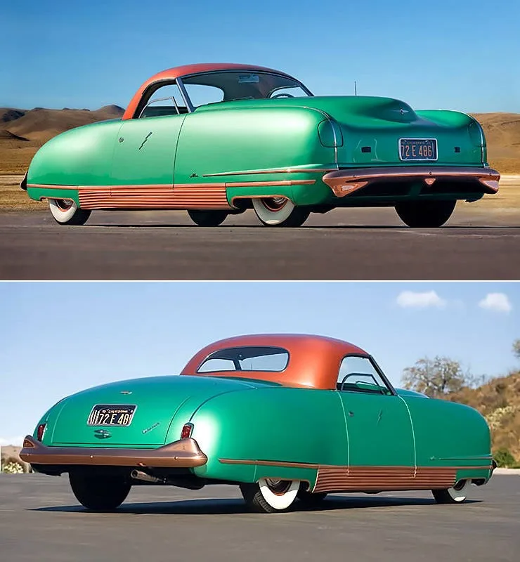 Two nearly identical photos of a vintage green and orange car from a rear three-quarter angle, showing the same California…