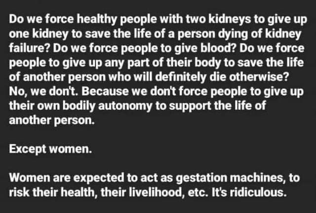 A black background with white text posing rhetorical questions about bodily autonomy in medical contexts, then concluding…