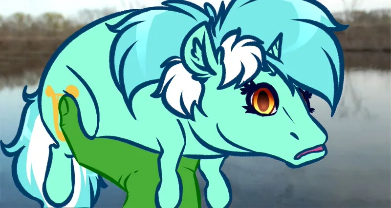 A cartoonish teal-colored pony with white mane and orange eyes stands by water, looking displeased. A green hand is visible…