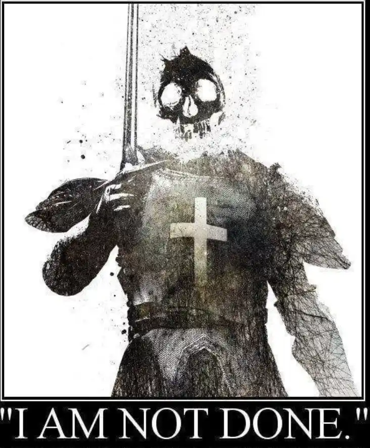 A stylized black-and-white image of a skeletal knight in armor, holding a sword upright, with a cross on the chestplate. The…