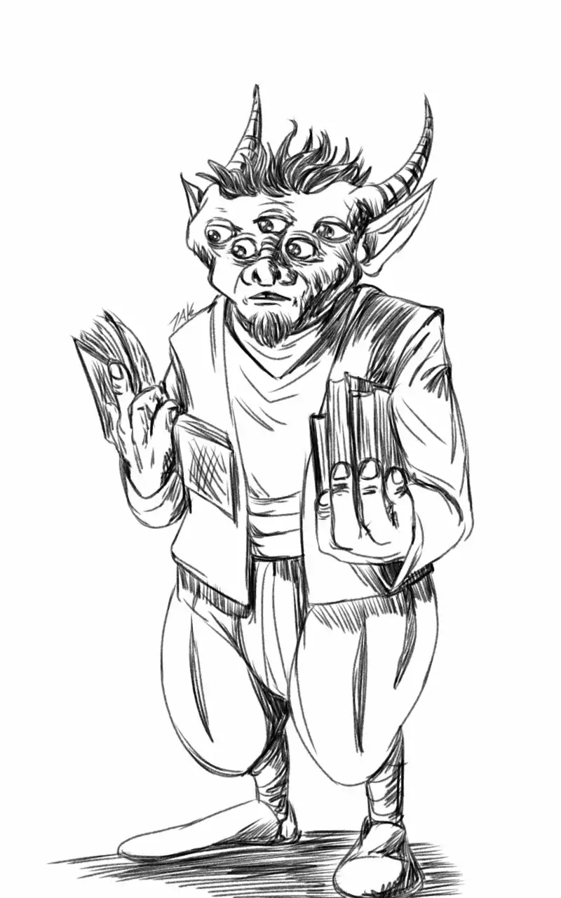 A black-and-white line drawing shows a horned, multi-eyed demonic-looking creature wearing casual clothes and holding two…