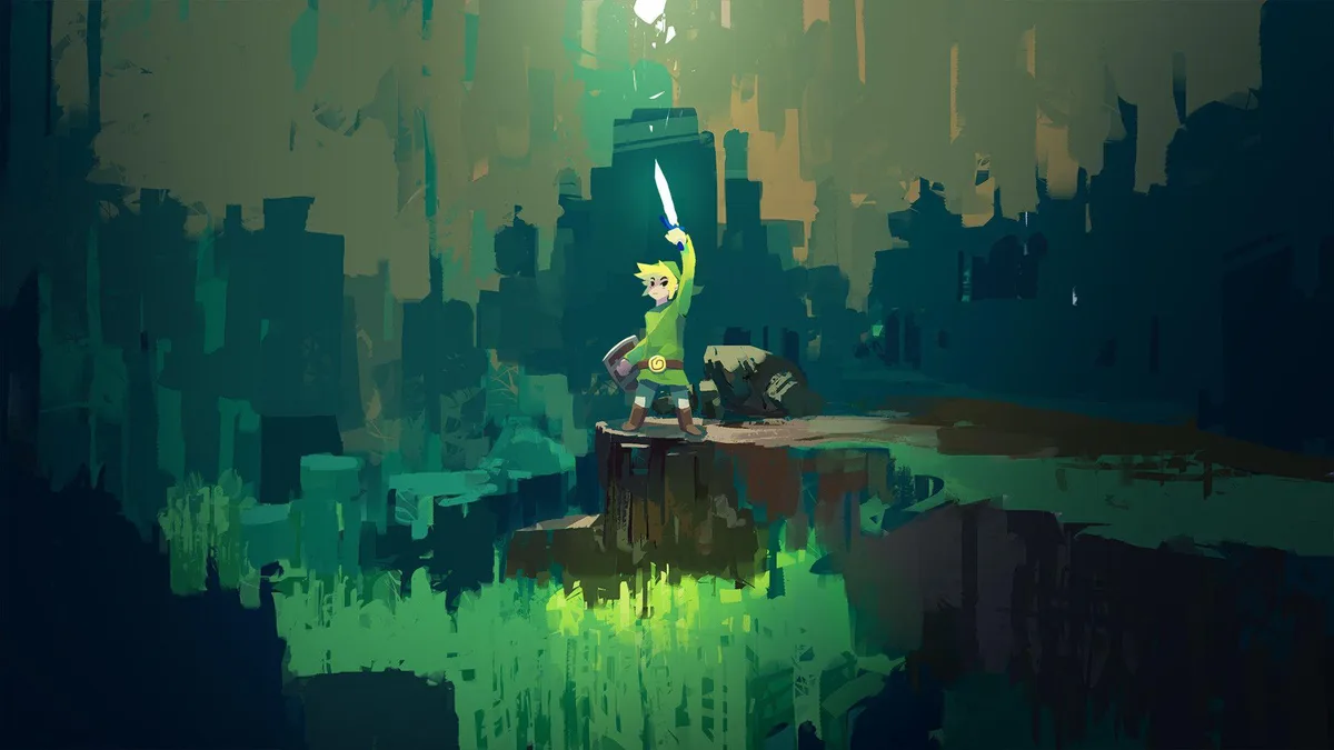 A stylized illustration shows a young, blond-haired character in a green tunic and hat, standing atop a rocky outcrop in a…