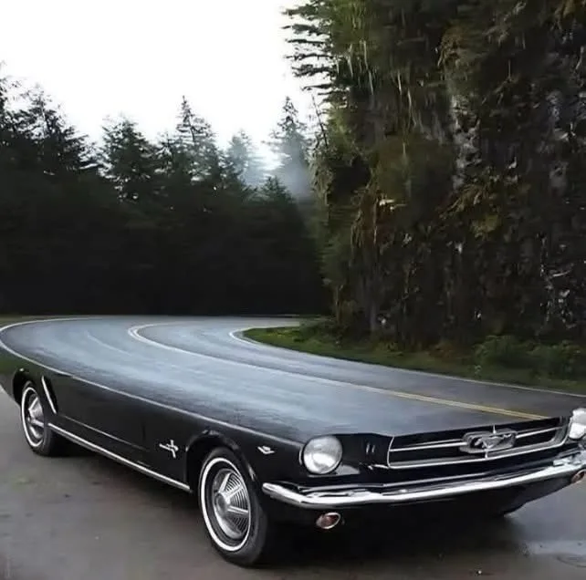 A black classic Ford Mustang is shown parked on a winding road surrounded by dense forest and mist. The car's body appears…