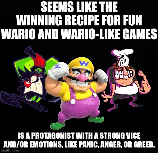 The image features three video game characters: Wario in the center flexing, with a green-clad character on the left and a…