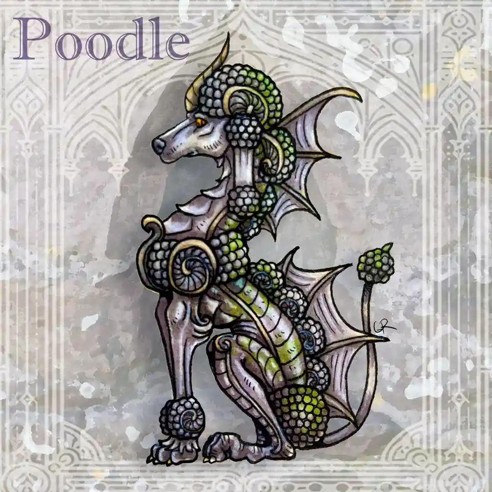 A stylized, ornate illustration of a dragon with the head and body of a poodle, featuring green and grey scales, bat-like…
