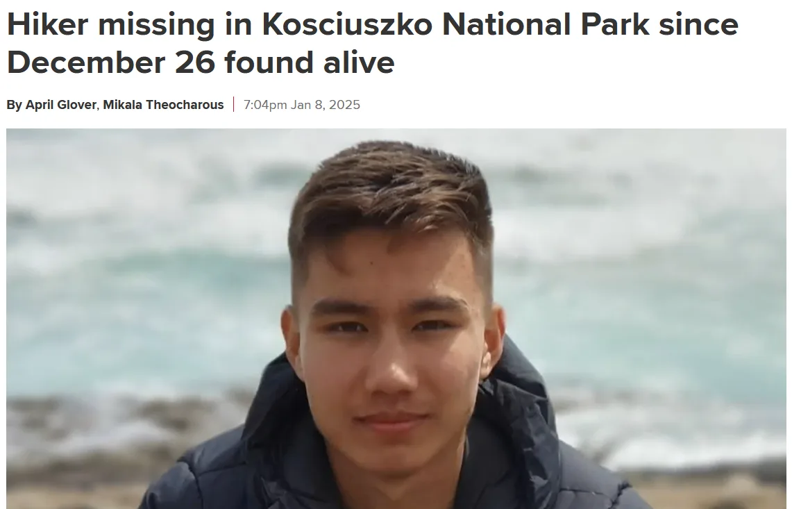 A news article screenshot shows a young man in a dark jacket against a blurred ocean background, with the headline 'Hiker…