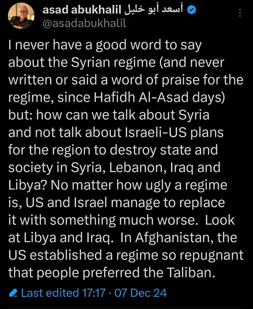 A screenshot of a tweet by Asad Abukhalil, who states he has never praised the Syrian regime but argues that US and Israeli…