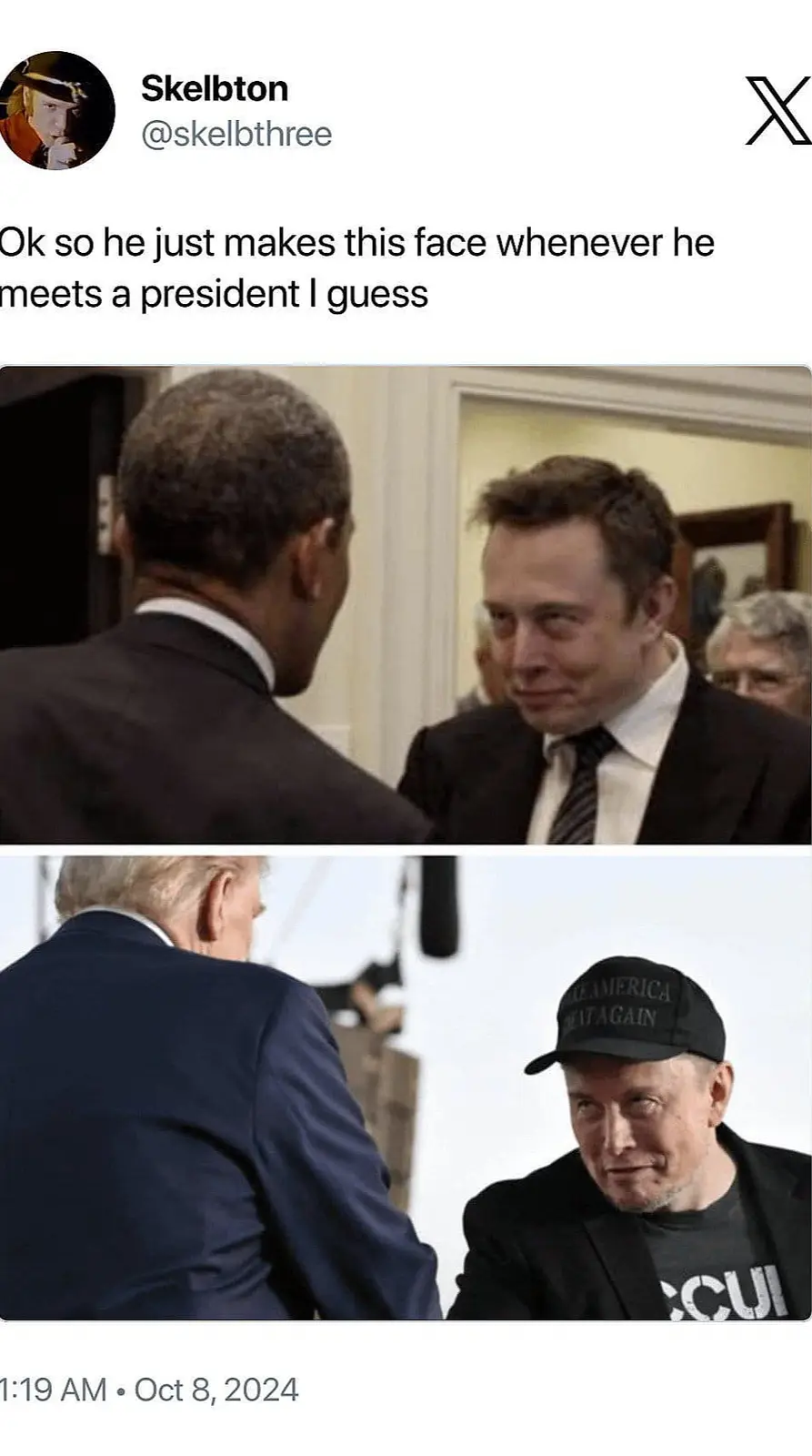 Two photos show Elon Musk making a similar smirking, slightly awkward facial expression while meeting U.S. presidents Barack…