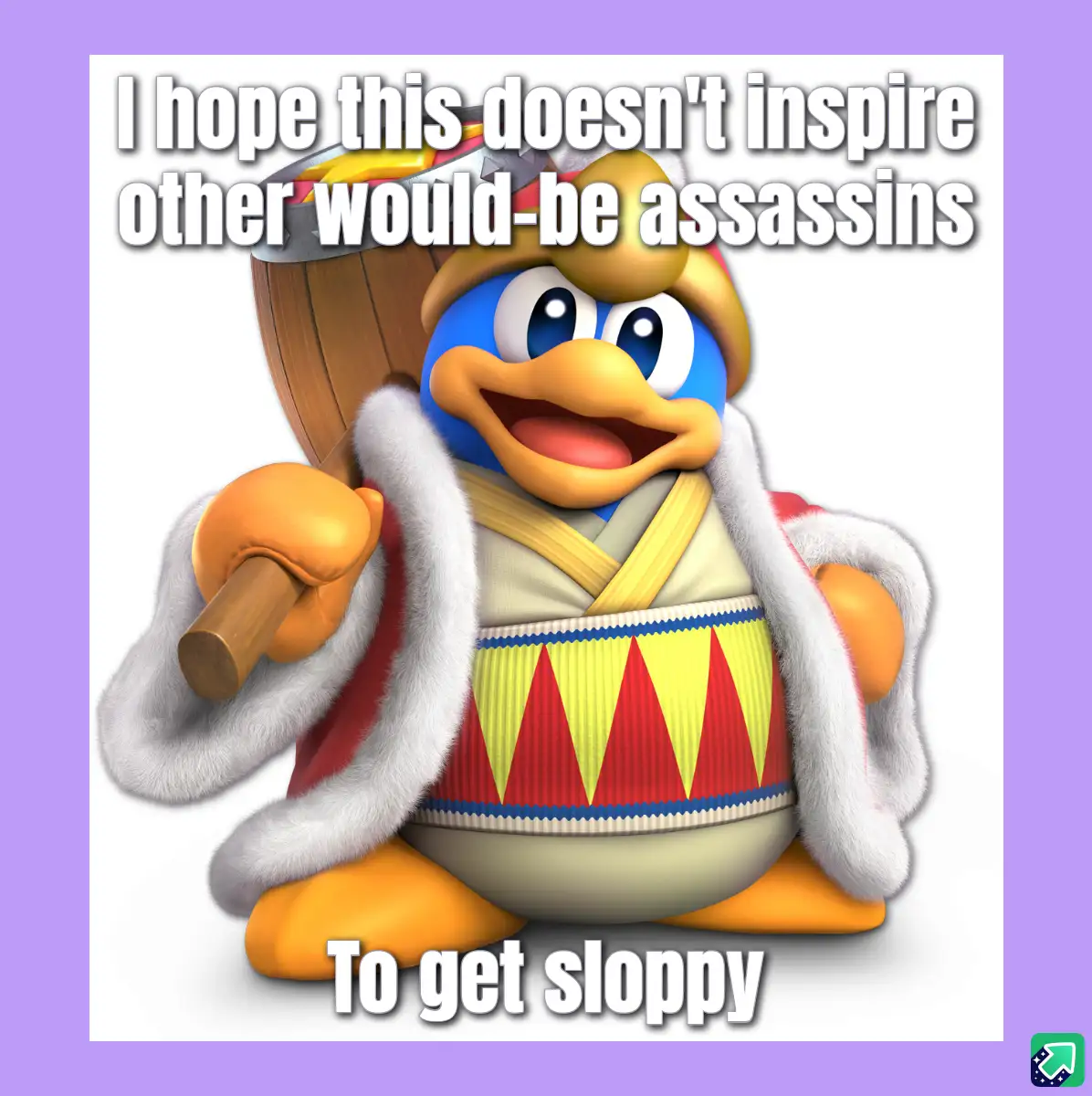 A cheerful blue penguin character in a red and yellow patterned robe with white fur trim, holding a wooden mallet, has white…